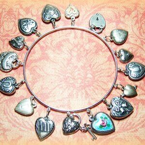Silver Vintage Style Puffy Heart Bangle - 16 Charms - Guilloche